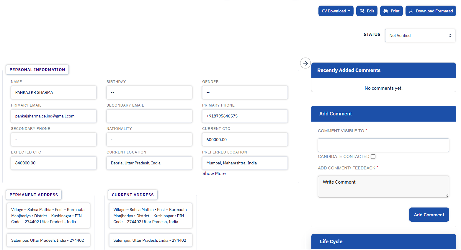 Talent Grid structured candidate profile