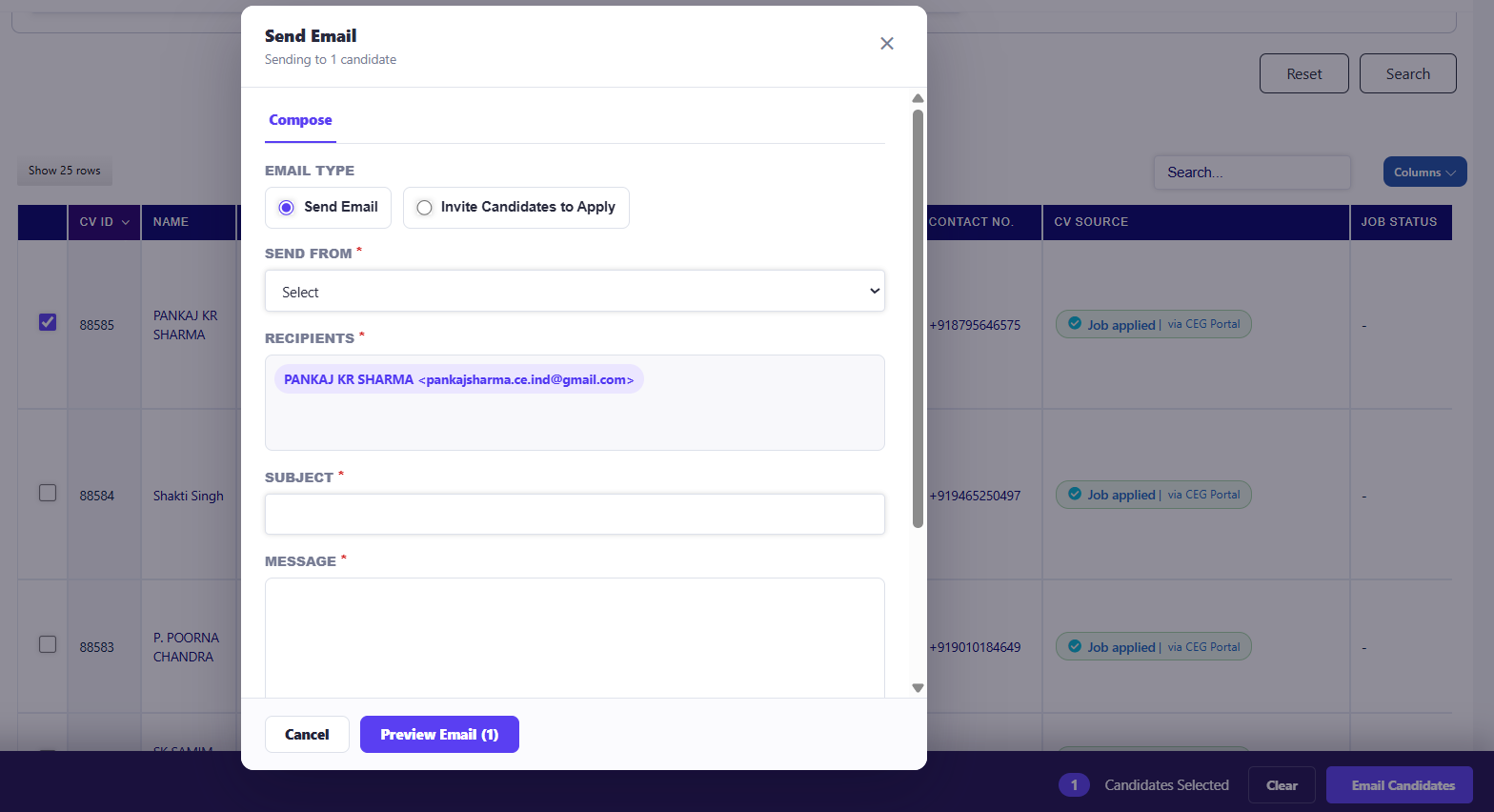 Talent Grid personal candidate invitation