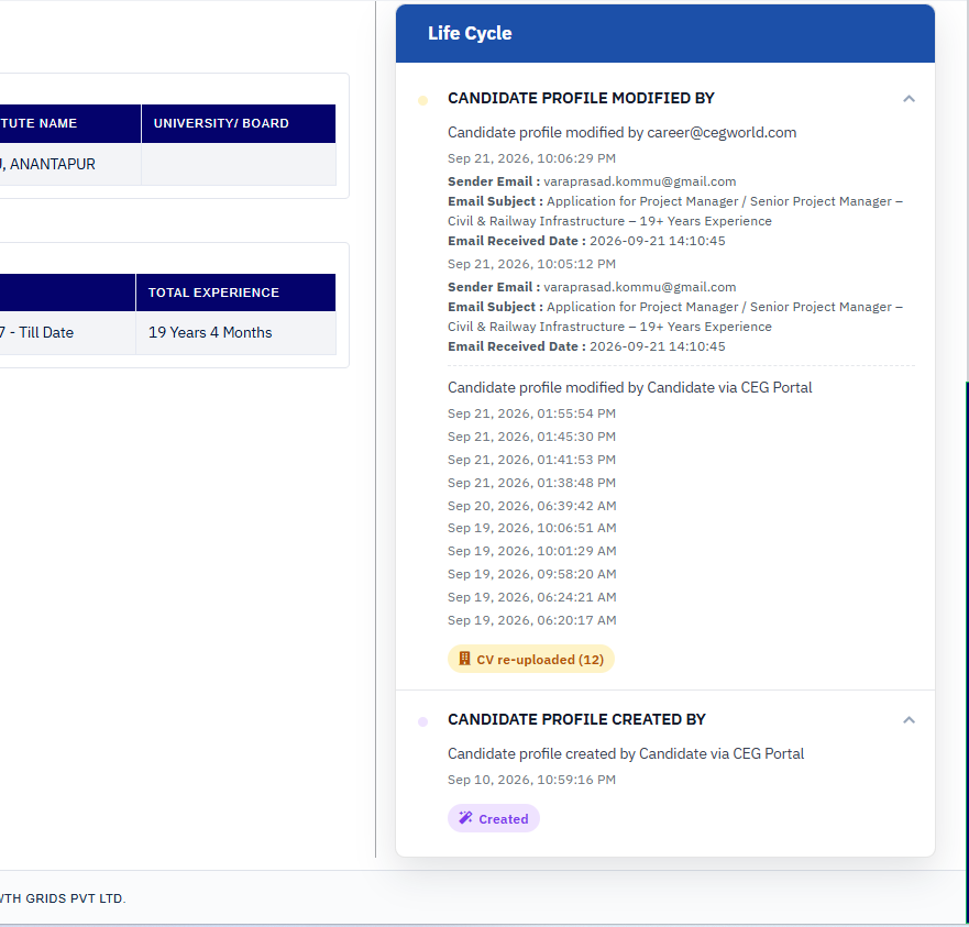 Talent Grid CV management and version history