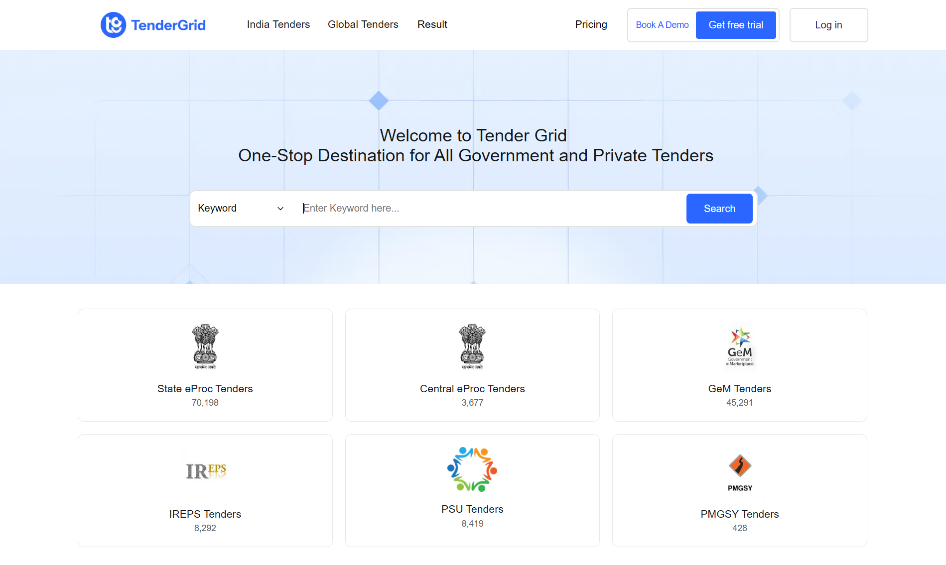 TenderGrid dashboard showing tender search and live tender data
